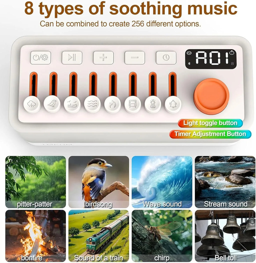 White Noise Sleep Sound Machine With 8 Nature Sounds, Portable Bluetooth Speaker Music Box, 12 Colors Night Lights